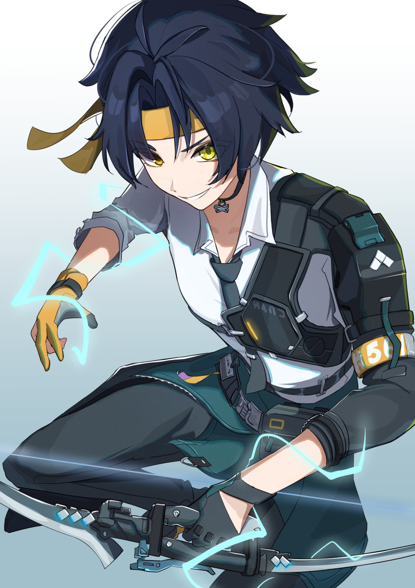 1boy, absurdres, aqua_background, asaba_harumasa, asymmetrical_gloves, black_gloves, black_hair, black_necktie