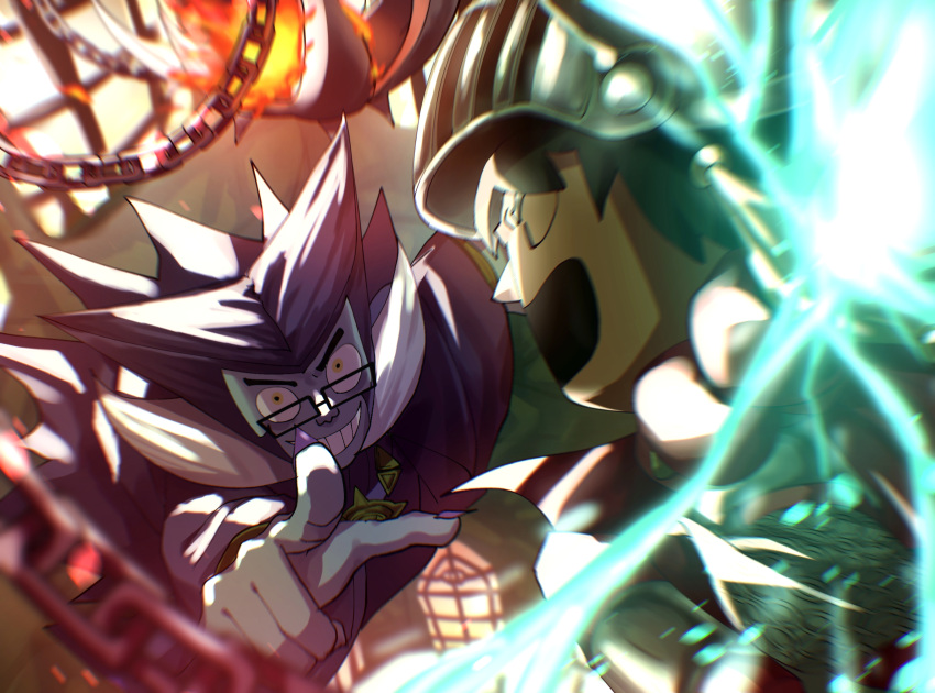 2boys, armor, black-framed_eyewear, blurry, chain, commentary_request, dark_lord_(miitopia), evil_grin, evil_smile, fighting, fingernails, fire, glasses, glowing, glowing_weapon, grin, helm, helmet, highres, holding, holding_weapon, indoors, male_focus, mii_(nintendo), miitopia, multiple_boys, open_mouth, pointing, purple_nails, rectangular_eyewear, rikka_natsu_27, sharp_fingernails, smile, teeth, v-shaped_eyebrows, warrior_(miitopia), weapon, yellow_eyes