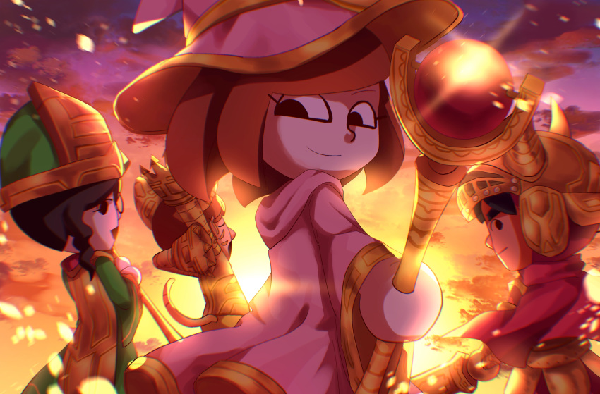 2boys, 2girls, absurdres, arm_behind_back, arm_up, armor, black_hair, brown_hair