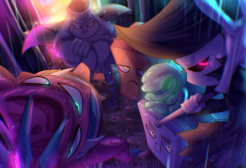 armor, black_sclera, chromatic_aberration, colored_sclera, commentary_request, crossed_arms, facial_hair, fangs, fiend_(miitopia), ghost, glowing, glowing_eyes, green_eyes, ham_sandwich_(miitopia), hammer, heavy_hammer_(miitopia), highres, hobgoblin_mage_(miitopia), holding, holding_weapon, iron_general_(miitopia), jitome, living_food, living_weapon, miitopia, mustache, night, one-eyed, open_mouth, outdoors, pink_eyes, rain, rikka_natsu_27, smile, third_eye, weapon, white_eyes, yellow_eyes