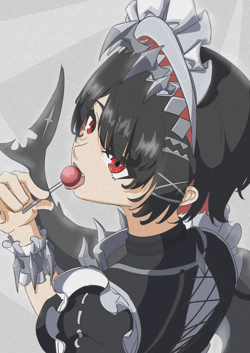1boy, 1girl, absurdres, black_hair, candy, colored_inner_hair, commentary_request, ellen_joe