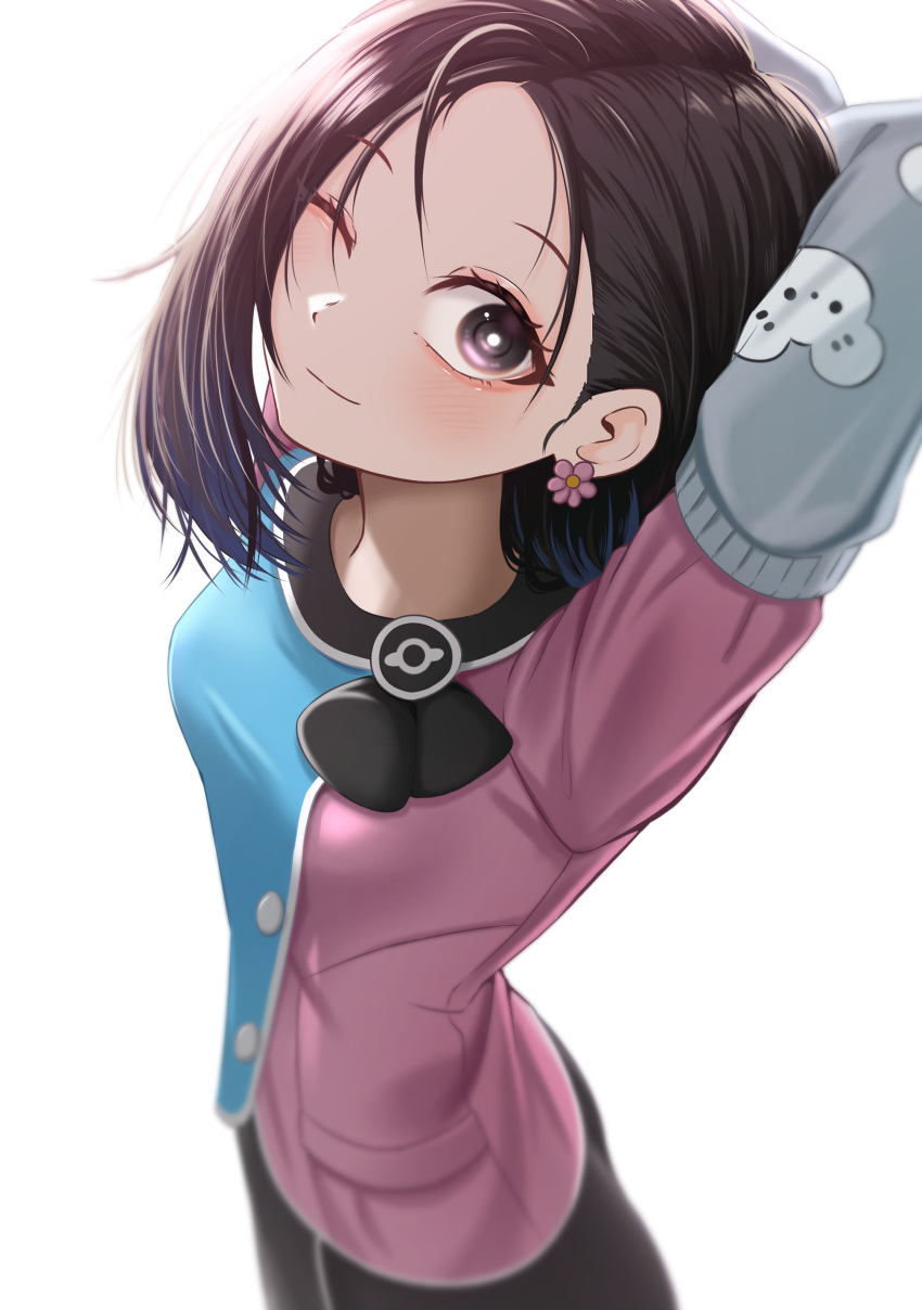 1girl, 2_saya, ;), absurdres, arms_behind_head, black_hair, black_skirt, blurry