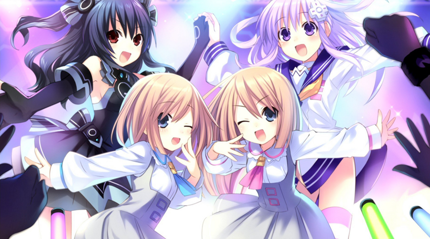 ascot, black_hair, blue_eyes, brown_eyes, choujigen_game_neptune, choujigen_game_neptune_mk2, elbow_gloves, fingerless_gloves, gloves, hair_ornament, holding_hands, lavender_hair, long_hair, multiple_girls, nepgear, nepgear_(choujigen_game_neptune), official_art, open_mouth, ram_(choujigen_game_neptune), ram_(neptune), rom_(choujigen_game_neptune), rom_(neptune), siblings, smile, tsunako, twins, uni_(choujigen_game_neptune), uni_(neptune), wink