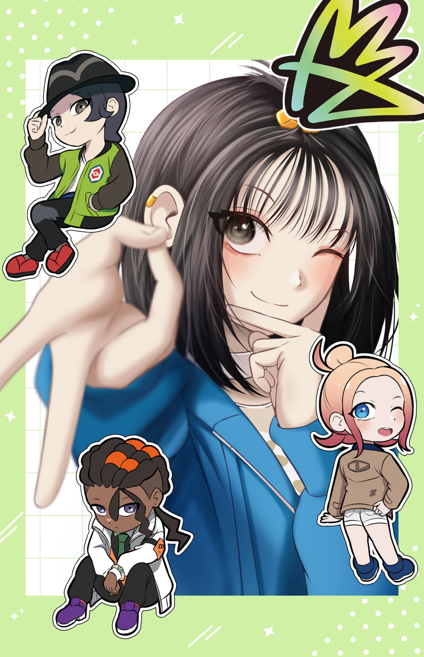 2_saya, 2boys, 2girls, ;), absurdres, black_hair, blue_hoodie, blurry, chibi, choker, closed_mouth, commentary_request, earclip, grey_eyes, hands_up, highres, hood, hoodie, inward_v, korean_commentary, lida_(pokemon), long_hair, long_sleeves, multiple_boys, multiple_girls, naveen_(pokemon), one_eye_closed, paxton_(pokemon), pokemon, pokemon_legends:_z-a, shirt, smile, taunie_(pokemon), v, white_choker