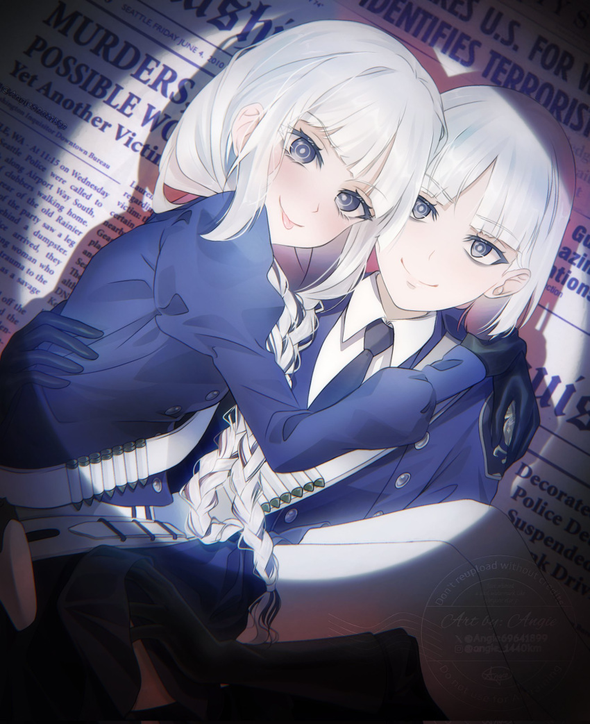 1boy, 1girl, angie03, belt, black_eyes, black_gloves, blue_jacket, blue_skirt