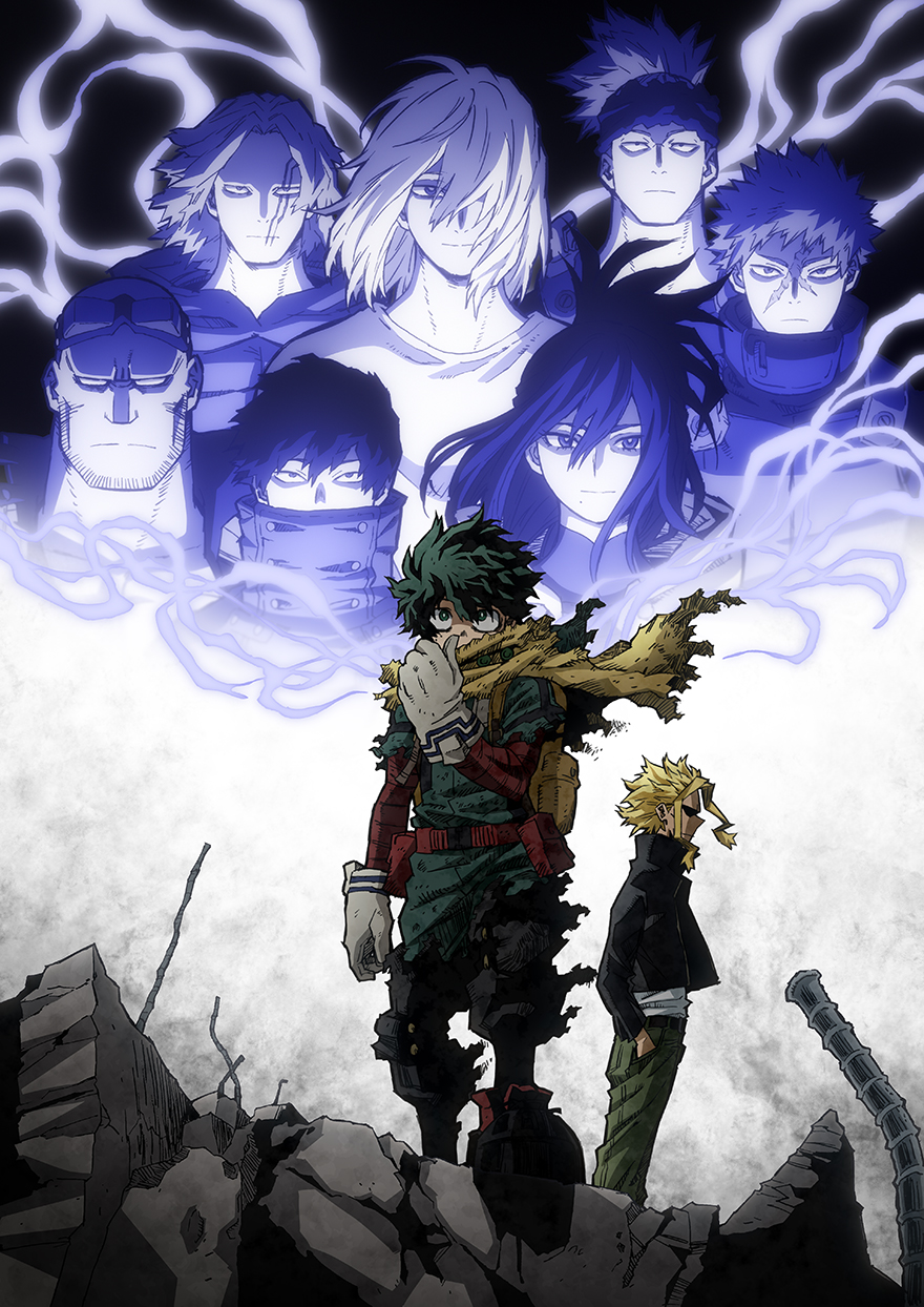 1girl, 6+boys, :|, all_might, arm_at_side, backpack, bag, bags_under_eyes