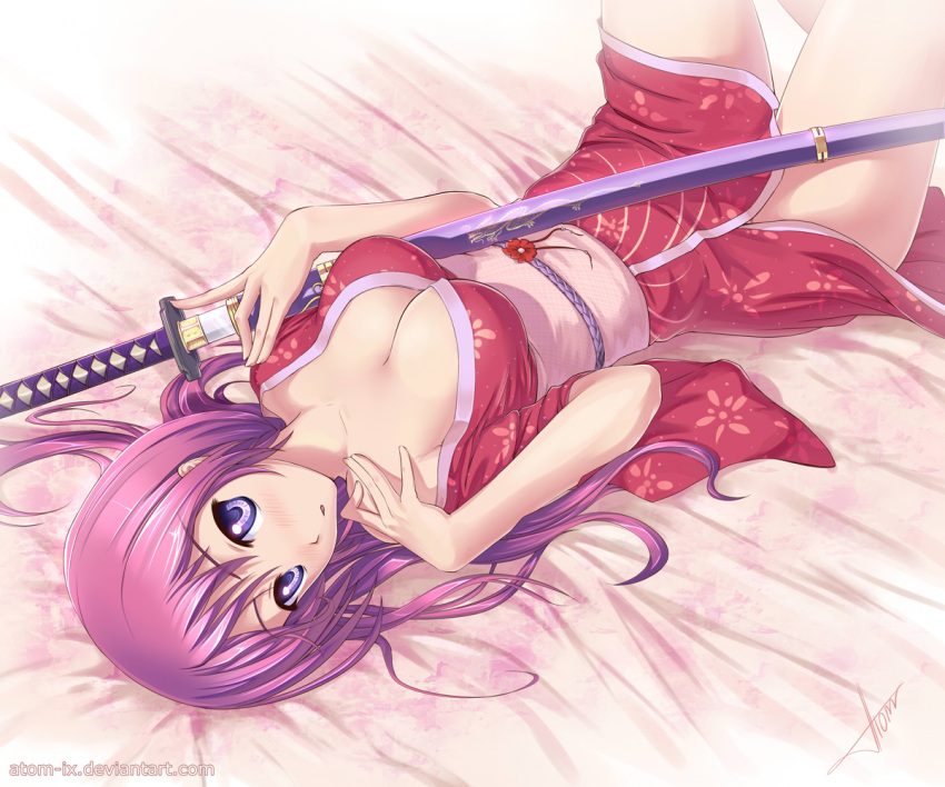bare_shoulders, bed, blush, breasts, cleavage, japanese_clothes, katana, kimono, laying, naomi_(atomix), on_back, original, purple_eyes, purple_hair, sheath, sword, unsheathing, violet_eyes, weapon