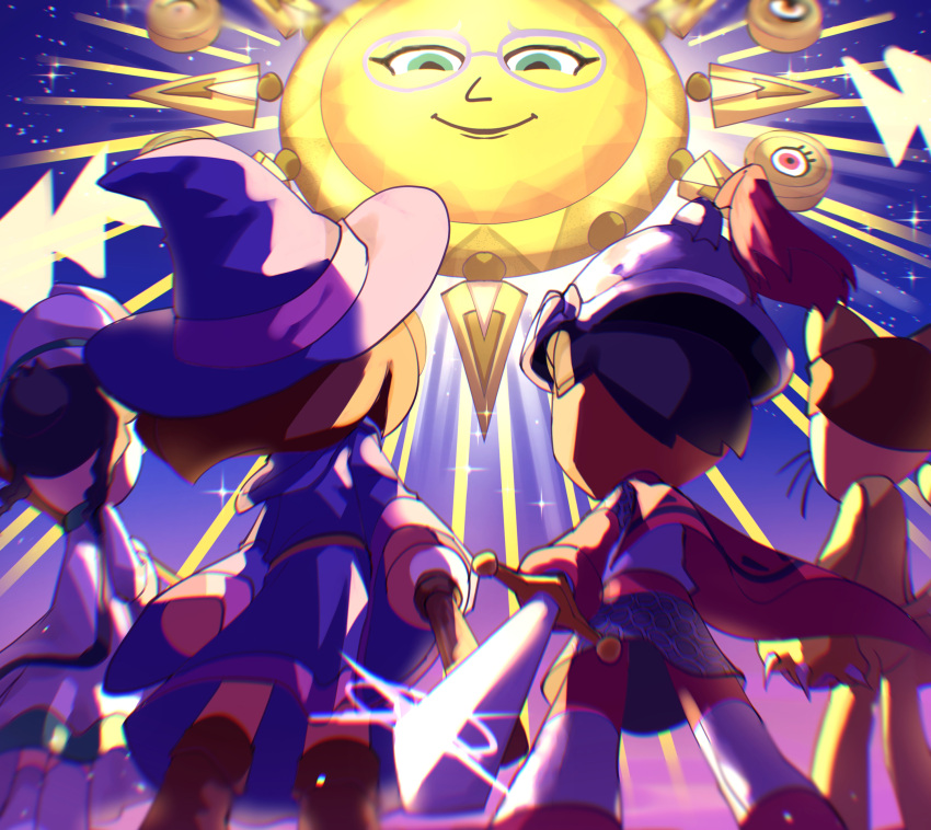 2boys, 2girls, absurdres, animal_costume, animal_ears, armor, black_hair, blue_hat, blue_robe, boots, brown_boots, brown_hair, cape, cat_(miitopia), cat_boy, cat_costume, cat_ears, chainmail, claws, cleric_(miitopia), closed_mouth, commentary_request, darkest_lord_(miitopia), eyelashes, fake_animal_ears, from_behind, glasses, glint, glowing, green_eyes, grey-framed_eyewear, hat, helm, helmet, highres, holding, holding_staff, holding_sword, holding_wand, holding_weapon, mage_(miitopia), mii_(nintendo), miitopia, multiple_boys, multiple_girls, red_cape, rikka_natsu_27, robe, short_hair, smile, sparkle, spoilers, staff, standing, sword, twintails, wand, warrior_(miitopia), weapon, whiskers, white_hat, white_robe, witch_hat