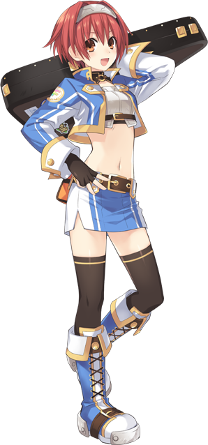 belt, boots, brown_eyes, brown_hair, buckle, choker, choujigen_game_neptune, choujigen_game_neptune_mk2, falcom_(choujigen_game_neptune), falcom_chan, fingerless_gloves, gloves, hairband, hand_on_hip, instrument_case, navel, open_mouth, orange_eyes, personification, red_hair, short_hair, smile, solo, thighhighs, transparent_background, tsunako
