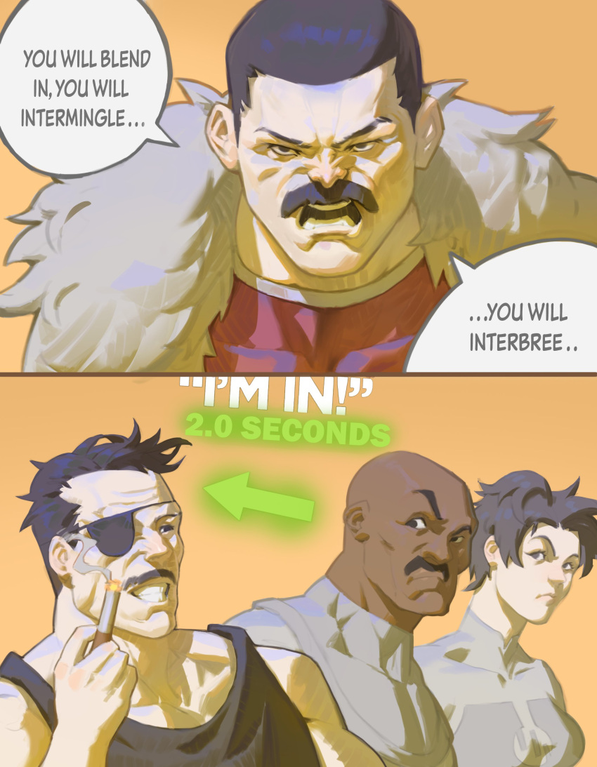 1girl, 3boys, absurdres, anissa_(invincible), bald, black_hair, black_skirt, cape, cigarette, dark-skinned_male, dark_skin, english_commentary, english_text, eyepatch, facial_hair, fur-trimmed_cape, fur_trim, grin, highres, holding, holding_cigarette, invincible_(series), kregg, lucan_(invincible), multiple_boys, mustache, open_mouth, pacpoi, raised_eyebrow, shirt, short_hair, skirt, sleeveless, sleeveless_shirt, smile, teeth, thragg_(invincible), viltrumite, viltrumite_clothes