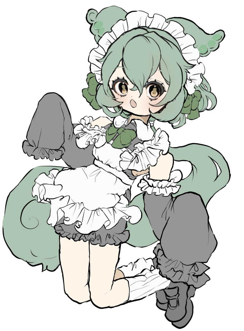 1girl, alternate_costume, apron, black_dress, black_shoes, bow, bowtie, detached_sleeves