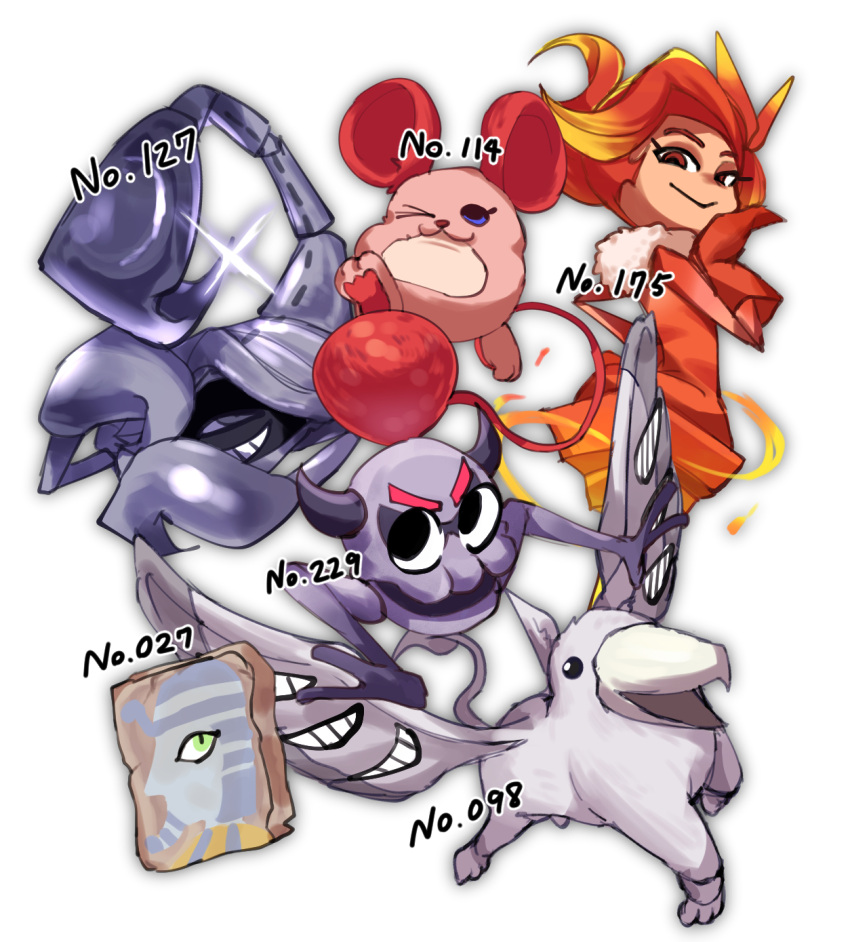 >_o, 1girl, ;3, angry_queen_(miitopia), black_eyes, brown_eyes, closed_mouth, commentary_request, devilish_skulleton_(miitopia), eyelashes, fire, glint, green_eyes, griffin, grin, highres, horns, man_mural_(miitopia), metal_scorpion_(miitopia), metal_skin, miitopia, mouse_(animal), mouse_(miitopia), numbered, one_eye_closed, open_mouth, rikka_natsu_27, scorpion, simple_background, smile, snow_griffin_(miitopia), teeth, v-shaped_eyebrows, white_background
