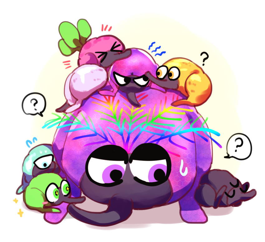>_<, +_+, ?, angry, aqua_eyes, black_snurp_(miitopia), blush, blush_stickers, boss_snurp_(miitopia), closed_eyes, commentary_request, creature, creature_focus, flying_sweatdrops, gold_snurp_(miitopia), green_eyes, green_snurp_(miitopia), highres, juvenile_snurp_(miitopia), miitopia, no_humans, one-eyed, rare_snurp_(miitopia), rikka_natsu_27, simple_background, speech_bubble, spoken_question_mark, sweatdrop, tasty_snurp_(miitopia), third_eye, violet_eyes, water_snurp_(miitopia), white_background, yellow_eyes