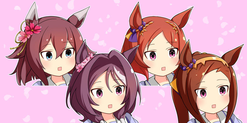 4girls, animal_ears, blue_eyes, brown_hair, commentary_request, ear_covers, ear_ornament, flower