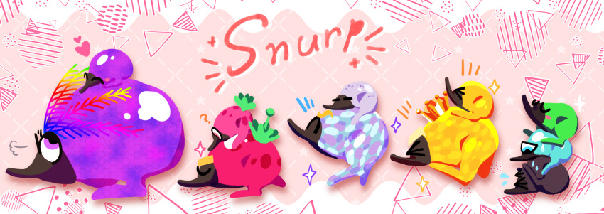 >_<, =_=, ?, ^_^, aqua_eyes, black_snurp_(miitopia), blush, blush_stickers, boss_snurp_(miitopia), character_name, closed_eyes, commentary_request, creature, creature_focus, crown, delicious_snurp_(miitopia), from_side, full_body, gold_crown, gold_snurp_(miitopia), green_snurp_(miitopia), heart, highres, juvenile_snurp_(miitopia), miitopia, no_humans, notice_lines, one-eyed, pink_eyes, puff_of_air, rare_snurp_(miitopia), rich_snurp_(miitopia), riding, rikka_natsu_27, sparkle, sweat, sweatdrop, tasty_snurp_(miitopia), thick_eyebrows, triangle, very_rare_snurp_(miitopia), violet_eyes, water_snurp_(miitopia)
