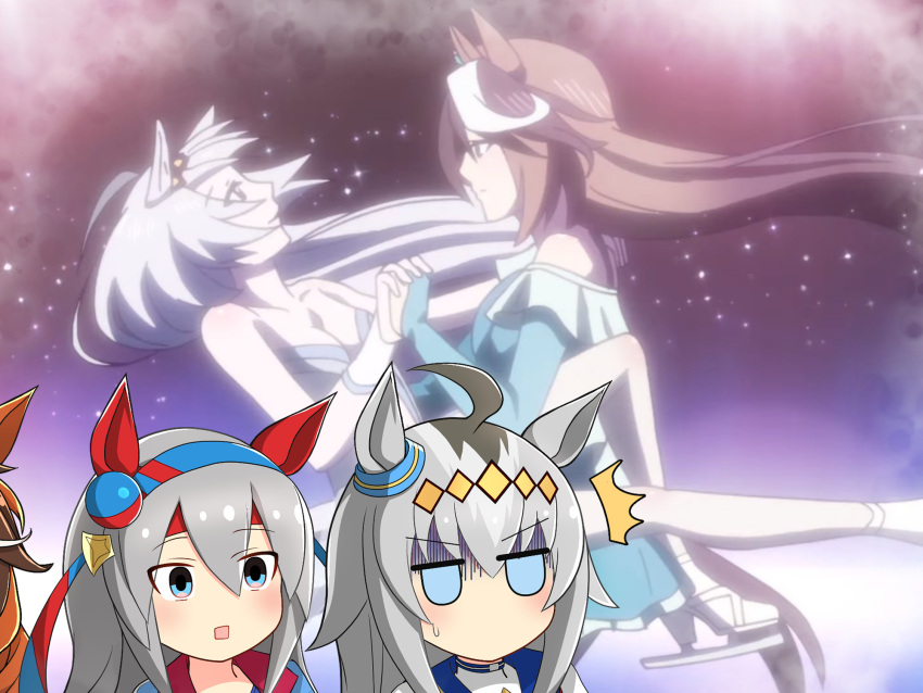 2016_umamusume_promotional_video, 3girls, ahoge, animal_ears, blue_eyes, blue_hairband, brown_hair, commentary_request