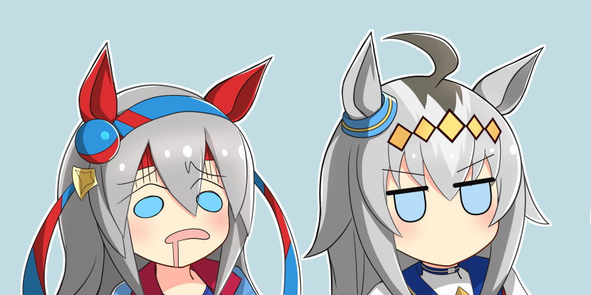 ahoge, animal_ears, blue_background, blue_eyes, commentary_request, ear_covers, grey_hair, hair_between_eyes