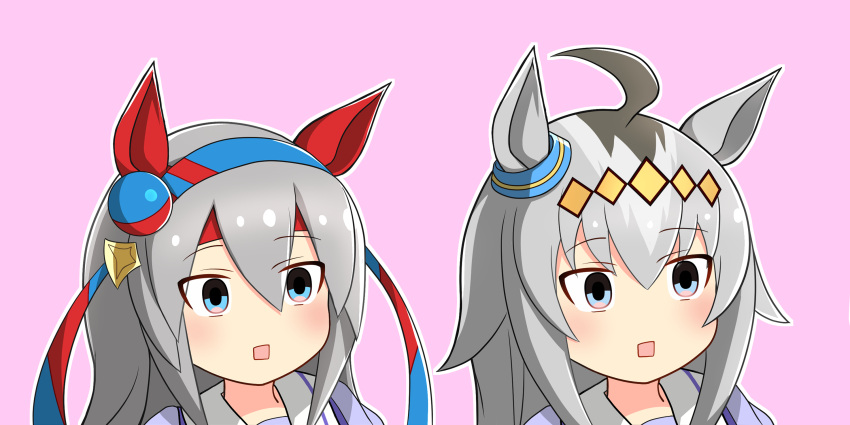 2girls, ahoge, animal_ears, blue_eyes, blue_hairband, commentary_request, ear_covers, gomennasai_nanoda_(meme), grey_hair, hair_between_eyes, hairband, highres, horse_ears, horse_girl, long_hair, meme, meso_(zgmf-xv), multiple_girls, oguri_cap_(umamusume), open_mouth, purple_serafuku, purple_shirt, sailor_collar, sailor_shirt, school_uniform, serafuku, shirt, tamamo_cross_(umamusume), tracen_school_uniform, umamusume, upper_body