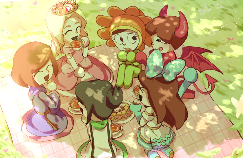>_<, 6+girls, :p, ^_^, aqua_bow, aqua_gloves, arm_up, ball_hands, black_hair, blonde_hair, blue_robe, bodysuit, bow, brown_hair, checkerboard_cookie, cleric_(miitopia), closed_eyes, commentary_request, cookie, cup, curtained_hair, day, dress, drink, elbow_gloves, eyelashes, fake_horns, fake_tail, fake_wings, flower_(miitopia), food, gloves, grass, green_bodysuit, green_eyes, hair_bow, happy, highres, holding, holding_cookie, holding_cup, holding_drink, holding_food, horns, idol_clothes, imp_(miitopia_class), kneeling, long_hair, long_sleeves, mage_(miitopia), mii_(nintendo), miitopia, multiple_girls, open_mouth, outdoors, picnic_blanket, pink_dress, plate, polka_dot, polka_dot_bow, pop_star_(miitopia), princess_(miitopia_class), red_bodysuit, rikka_natsu_27, robe, short_hair, smile, tail, tea, teacup, tiara, tongue, tongue_out, white_gloves, white_robe, wings
