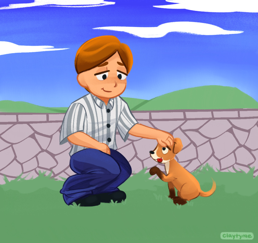 1boy, animal, artist_name, black_shoes, blue_pants, blue_shirt, blue_sky, brown_fur