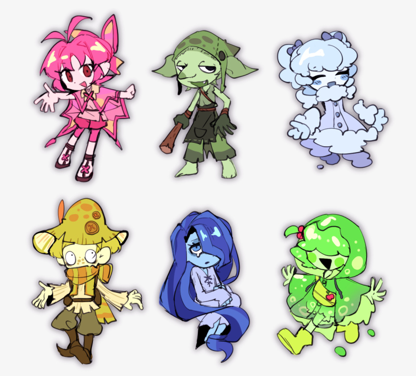 2boys, 4girls, antenna_hair, apple_jelly_(miitopia), apron, aqua_hair, bag, banshee_(miitopia)