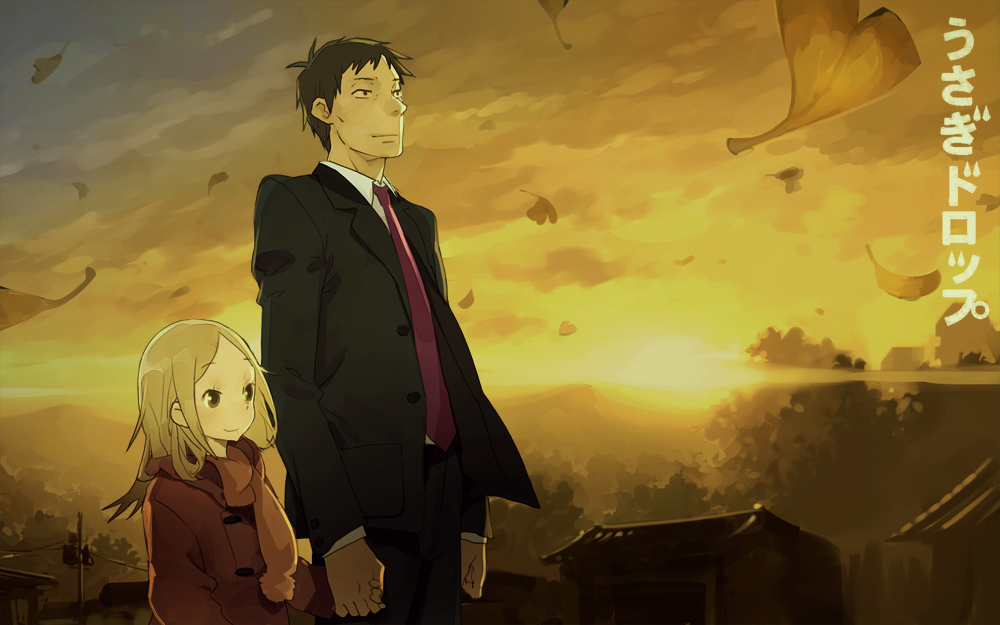 blonde_hair, brown_eyes, brown_hair, cloud, coat, east_asian_architecture, formal, hand_holding
