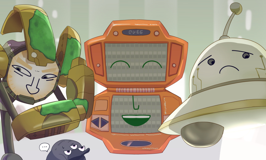 ..., ^_^, ancient_robot_(miitopia), black_snurp_(miitopia), closed_eyes, commentary_request, giant_ufo_(miitopia), highres, jitome, miitopia, moss, no_humans, non-humanoid_robot, open_mouth, retroputer_ii_(miitopia), rikka_natsu_27, robot, smile, speech_bubble, spoken_ellipsis, teeth, third_eye, ufo, upper_teeth_only