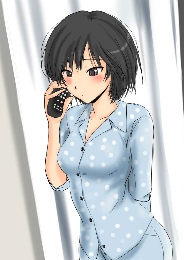 1girl, amagami, black_eyes, black_hair, blush, bob_cut, breasts, brown_eyes