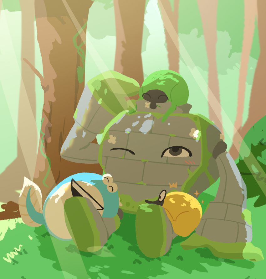 closed_eyes, commentary_request, creature_on_head, day, gold_snurp_(miitopia), golem, grass, green_snurp_(miitopia)