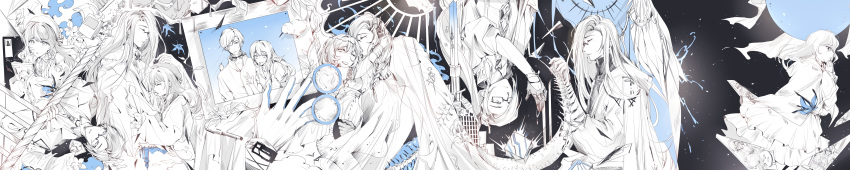 1girl, 6+boys, :d, ;d, absurdres, angel_wings, ascot, belt_collar