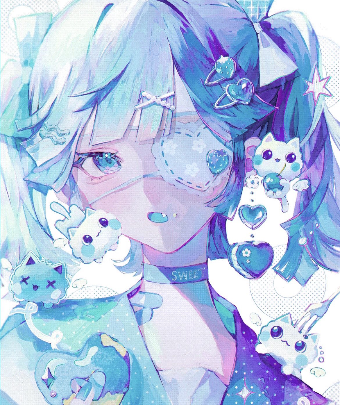 1girl, :3, bandaid, bandaid_on_neck, bitten, blue_choker, blue_eyes, blue_hair