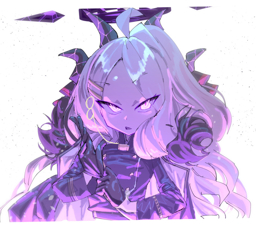 1girl, absurdres, ahoge, black_gloves, blue_archive, coat, coat_on_shoulders, commentary_request, flat_chest, gloves, halo, highres, hina_(blue_archive), long_hair, looking_at_viewer, open_mouth, simple_background, solo, squead_t, upper_body, white_background, white_hair