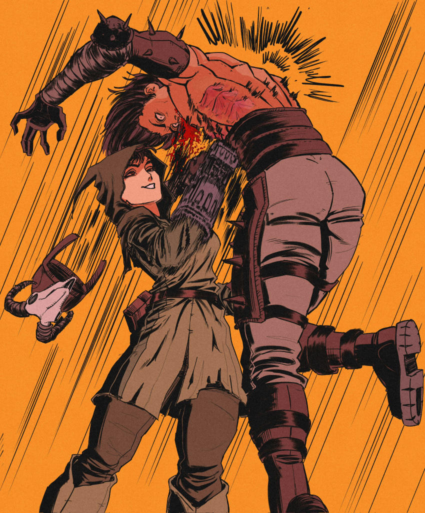 1boy, 1girl, absurdres, blood, blood_from_mouth, boots, brown_boots, brown_gloves
