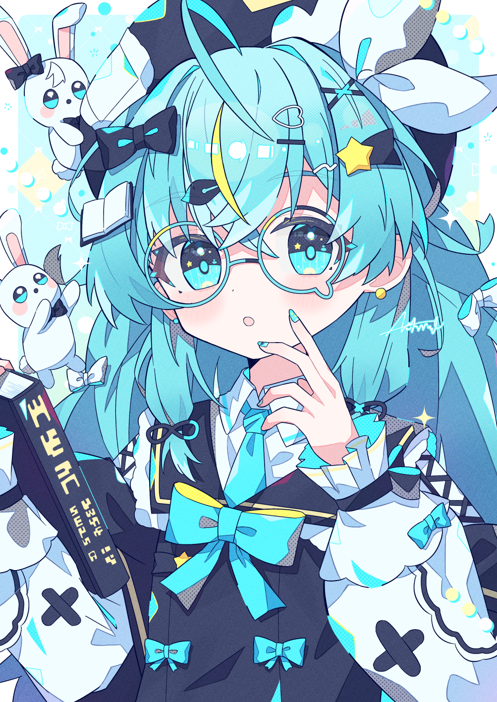 1girl, :o, ahoge, animal, aramedraw, beret, black_hat, black_vest, blonde_streaks, blue_background, blue_bow, blue_bowtie, blue_eyes, blue_hair, blue_necktie, blush, book, book_hair_ornament, border, bow, bowtie, collared_shirt, commentary, crossed_bangs, hair_between_eyes, hair_intakes, hair_ornament, hair_ribbon, hairclip, hands_up, hat, highres, holding, holding_book, long_hair, long_sleeves, looking_at_viewer, multicolored_hair, necktie, open_mouth, original, outside_border, rabbit, ribbon, round_eyewear, shirt, solo, star_(symbol), star_hair_ornament, streaked_hair, teardrop-framed_glasses, upper_body, vest, white_border, white_ribbon, white_shirt, x_hair_ornament