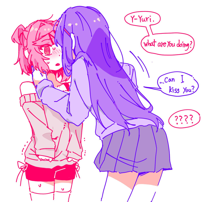 2girls, :<, ?, ??, @_@, arms_at_sides, bare_shoulders, bent_over