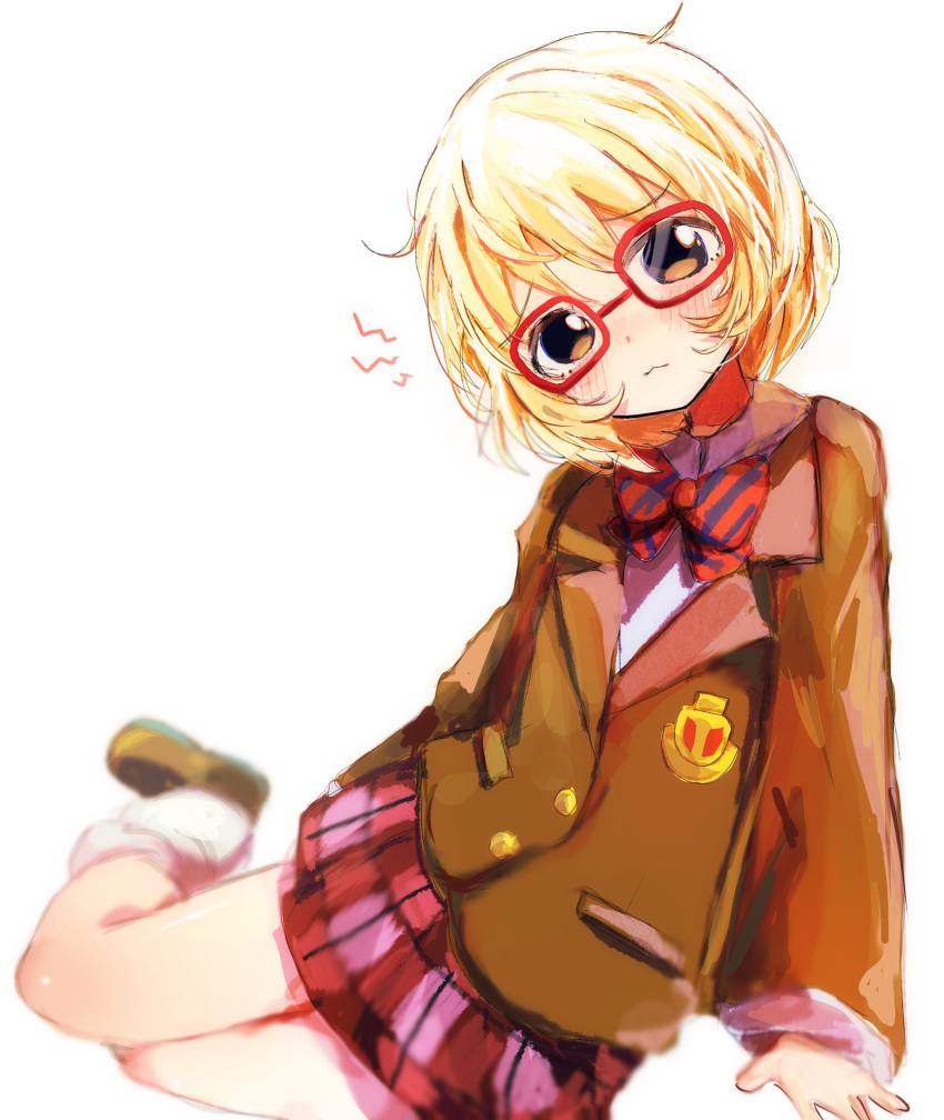 1girl, :3, blonde_hair, blush, bow, bowtie, brown_coat, brown_shoes