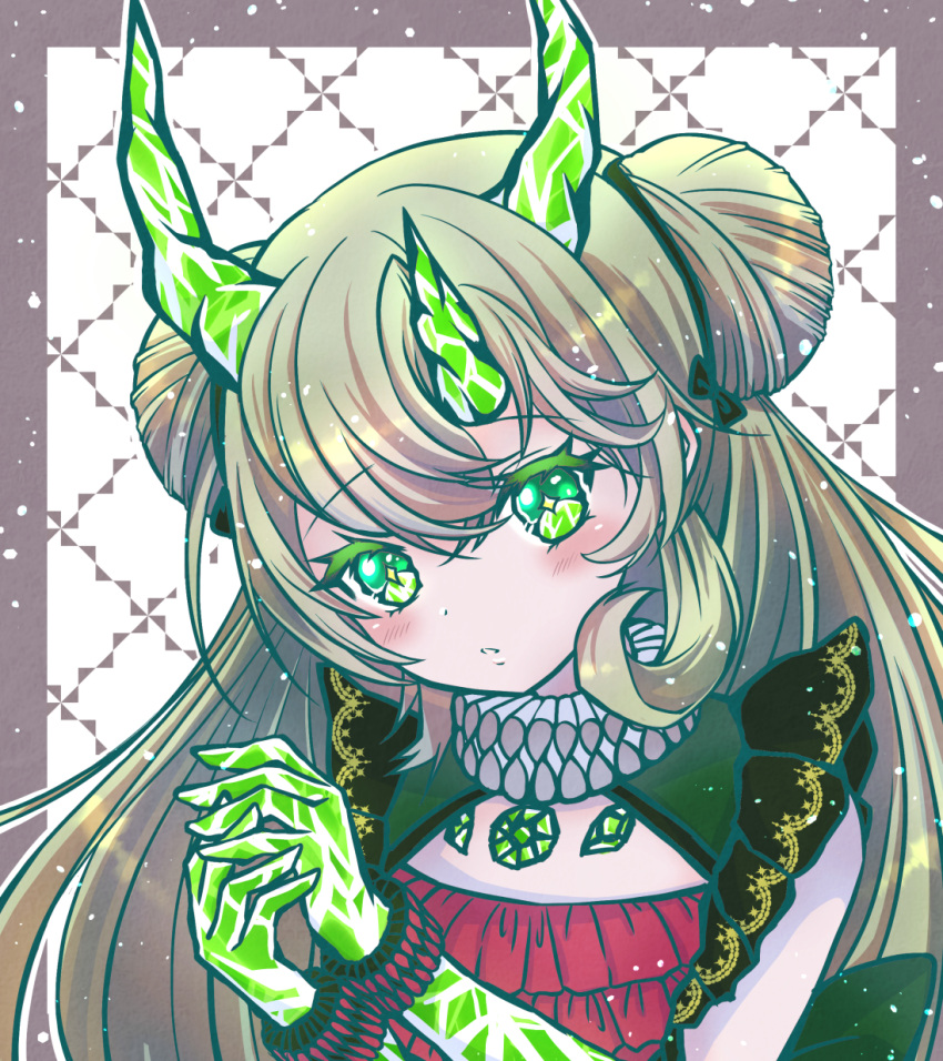 1girl, blonde_hair, closed_mouth, clown_clan_drish, commentary_request, crystal, crystal_arm, double_bun