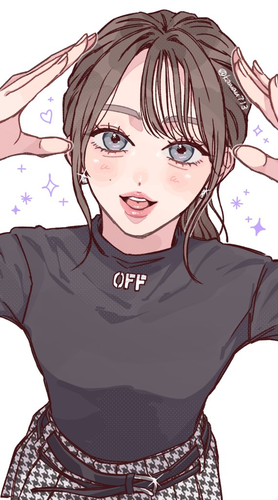 1girl, animification, belt, black_belt, black_shirt, black_skirt, blush, brown_hair