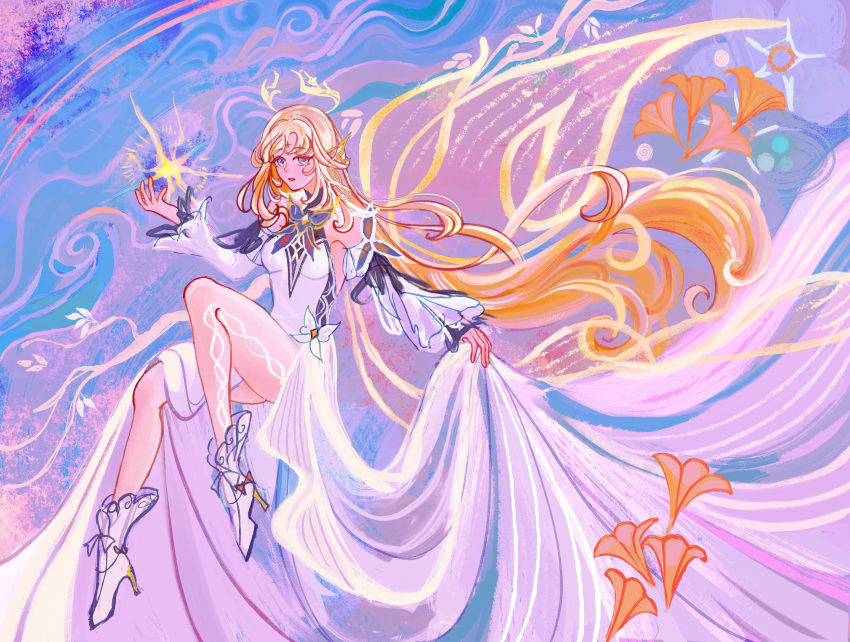 1girl, absurdres, blonde_hair, blue_eyes, commentary, cqtlatte, cross-shaped_pupils, detached_sleeves