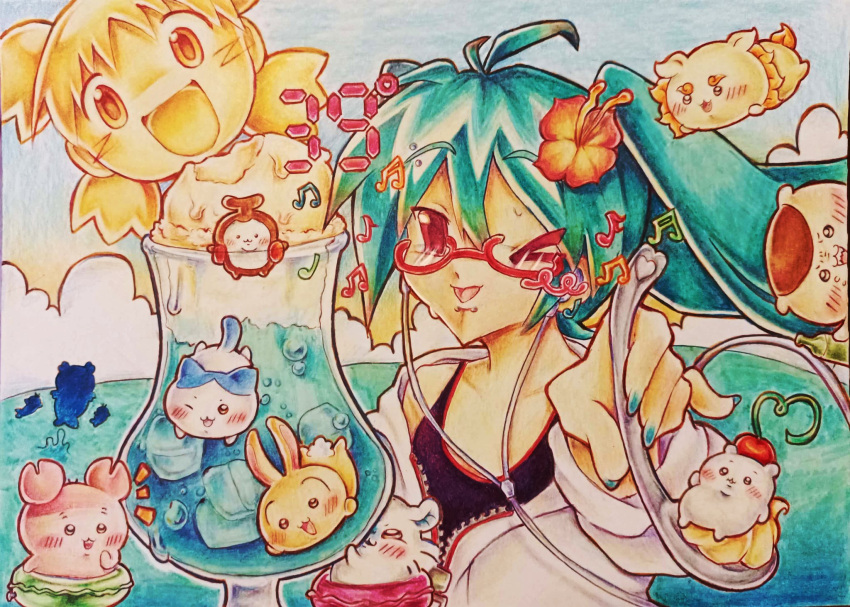 aqua_hair, cherry, chiikawa, chiikawa_(character), clouds, food, fruit, furuhonya