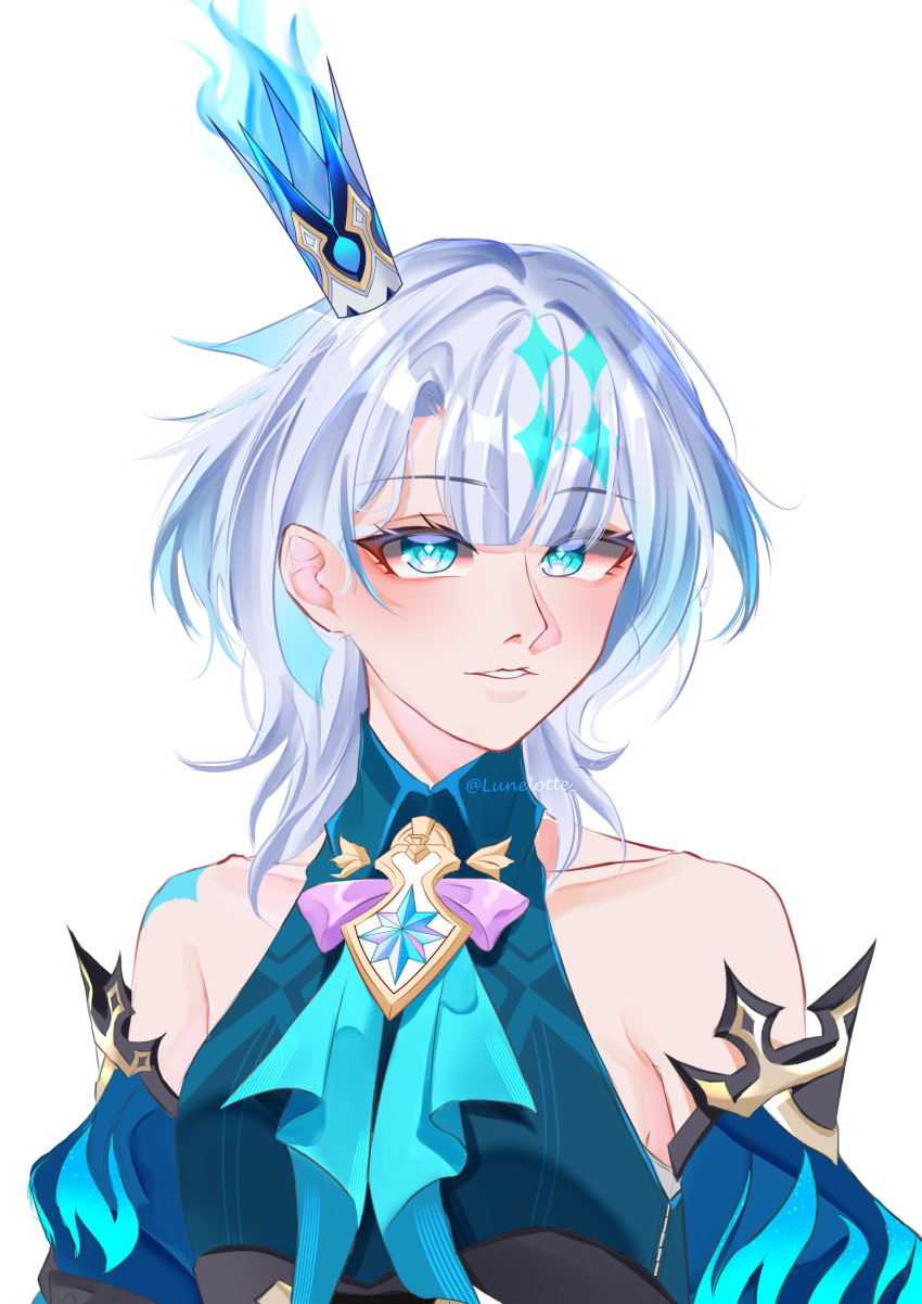 1girl, absurdres, ascot, ayumi_ai_a, bare_shoulders, blue_ascot, blue_eyes, blue_fire