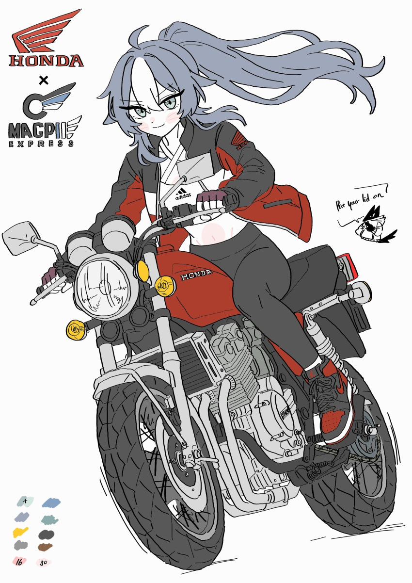 1girl, adidas, bandeau, belly, black_pants, blackd09, floating_hair, grey_eyes