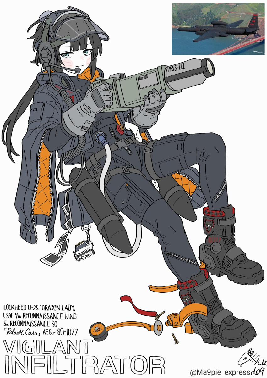 1girl, artist_name, belt, black_hair, blackd09, boots, camera, earphones, english_text, flight_suit, gloves, helmet, highres, holding, holding_camera, humanization, jacket, long_hair, original, oxygen_tank, pants, personification, simple_background, solo, tactical_clothes, white_background