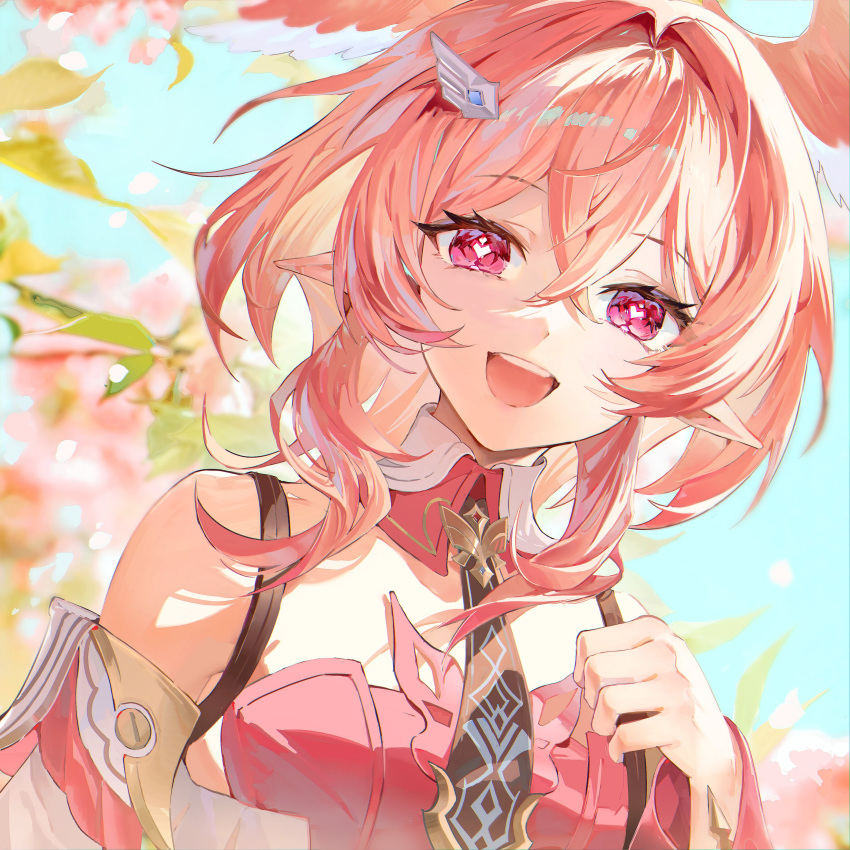 1girl, :d, absurdres, brown_necktie, collar, commentary, detached_collar, genshin_impact