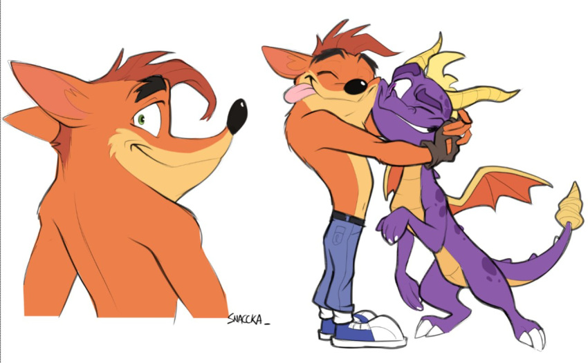 2boys, artist_name, bandicoot_boy, closed_eyes, closed_mouth, crash_bandicoot, crash_bandicoot_(series), dragon_boy, dragon_horns, dragon_tail, dragon_wings, english_commentary, furry, furry_male, grin, horns, hug, looking_at_another, looking_at_viewer, male_focus, multiple_boys, one_eye_closed, orange_fur, red_hair, smile, snaccka, spyro_(series), spyro_the_dragon, tail, wings