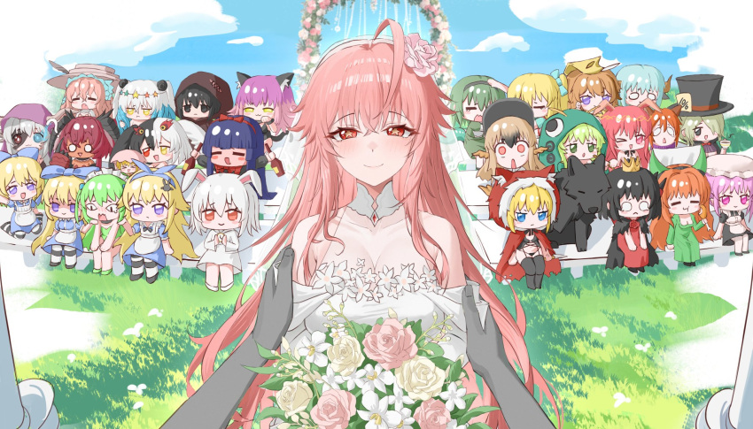 3boys, 6+girls, ?, ahoge, alice_(black_souls), animal_ears, apron, arknights, arknights:_endfield, bandersnatch_(black_souls), bfs1557897975, bill_(black_souls), black_souls, black_souls_2, blonde_hair, blue_bow, blue_dress, blue_eyes, blue_hair, bouquet, bow, bridal_veil, cat_ears, cheshire_cat_(black_souls), chibi, chibi_inset, chick_(black_souls), choker, colored_skin, commentary_request, daughter_alice_(black_souls), dodo_(black_souls), dormouse_(black_souls), dress, everyone, green_eyes, green_hair, grey_skin, griffy_(black_souls), hair_bow, hatter_(black_souls), helmet, highres, jabberwock_(black_souls), jubjub_(black_souls), kuti_(black_souls), leaf_(black_souls), long_hair, looking_at_viewer, lorina_(black_souls), mabel_(black_souls), march_hare_(black_souls), margaret_von_tyrol_(black_souls), meme, miranda_(black_souls), mock_turtle_(black_souls), mother_alice_(black_souls), multiple_boys, multiple_girls, node_(black_souls), parody, petting, pink_hair, poro_(black_souls), pov, pov_hands, prickett_(black_souls), purple_hair, rabbit_ears, red_eyes, red_hood_(black_souls), serpent_god_(black_souls), shisha_(black_souls), sister_alice_(black_souls), star-shaped_pupils, star_(symbol), symbol-shaped_pupils, veil, very_long_hair, victoria_(black_souls), violet_eyes, wedding, wedding_dress, white_apron, white_choker, white_hair, wolf, wolris_(black_souls)