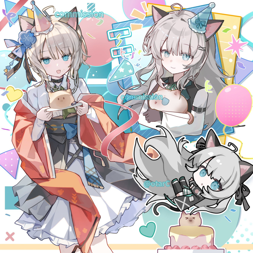 1girl, :d, ahoge, animal, animal_ears, arknights, black_vest, blue_eyes, blush, cake, cat, cat_ears, cat_girl, cat_tail, chibi, chibi_inset, commission, food, grey_hair, hat, highres, holding, holding_animal, holding_cat, holding_plate, long_hair, mint_(arknights), mint_(private_study)_(arknights), mint_(tsukiyoi)_(arknights), multiple_views, official_alternate_costume, otarc, party_hat, plate, shirt, smile, tail, twitter_username, vest, white_shirt