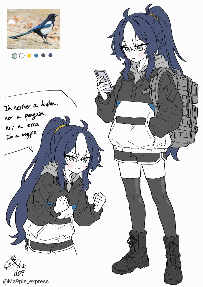 1girl, backpack, bag, bird, blackd09, blue_eyes, blue_hair, boots