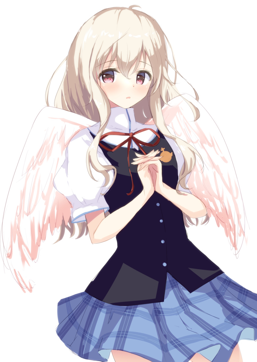 1girl, angel_wings, black_vest, blue_skirt, commentary_request, highres, kisuish, koishikawa_kohane