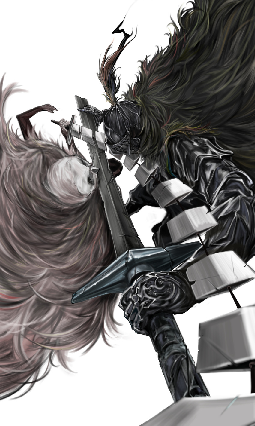 2boys, absurdres, animal_head, armor, battle, bird_boy, black_armor, black_souls